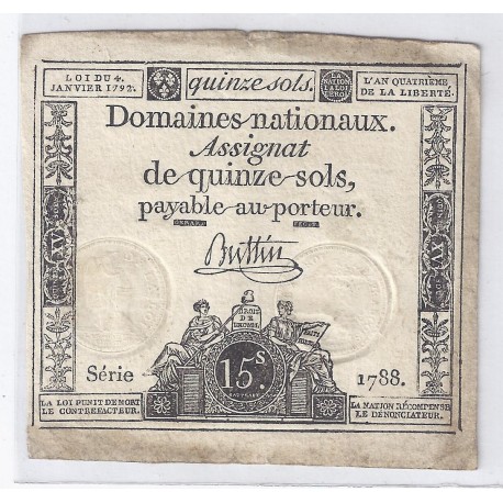 ASSIGNAT DE 15 SOLS - SERIE 1788 - 04/01/1792