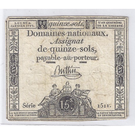 ASSIGNAT OF 15 SOLS - SERIE 1511 - 04/01/1792