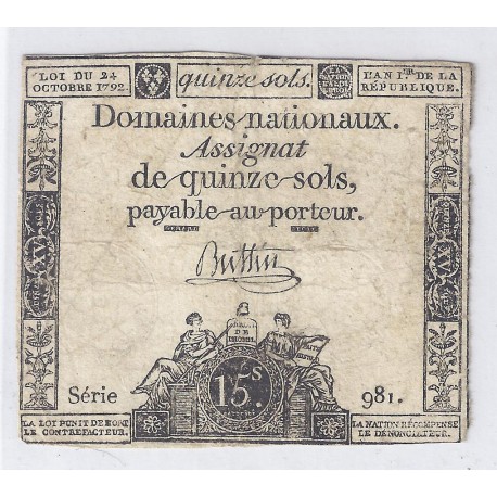 ASSIGNAT DE 15 SOLS - SERIE 981 - 24/10/1792