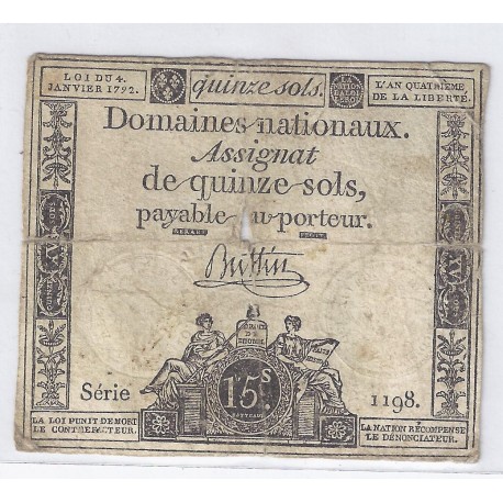 ASSIGNAT DE 15 SOLS - SERIE 1198 - 04/01/1792