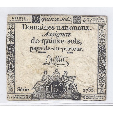 ASSIGNAT OF 15 SOLS - SERIE 1735 - 04/01/1792