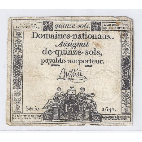 ASSIGNAT DE 15 SOLS - SERIE 1640 - 04/01/1792