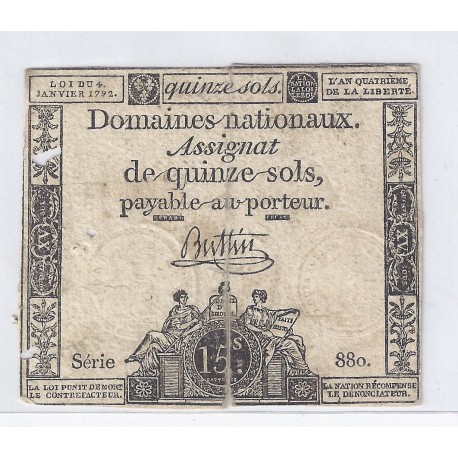 ASSIGNAT DE 15 SOLS - SERIE 880 - 04/01/1792