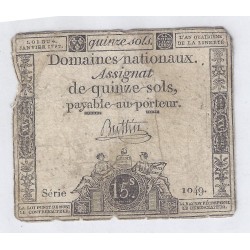 ASSIGNAT OF 15 SOLS - SERIE 1049 - 04/01/1792