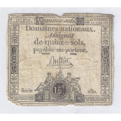 ASSIGNAT OF 15 SOLS - SERIE 230 - 04/01/1792