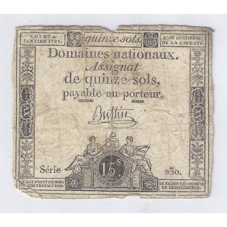 ASSIGNAT DE 15 SOLS - SERIE 230 - 04/01/1792