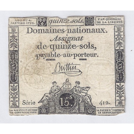 ASSIGNAT OF 15 SOLS - SERIE 412 - 04/01/1792