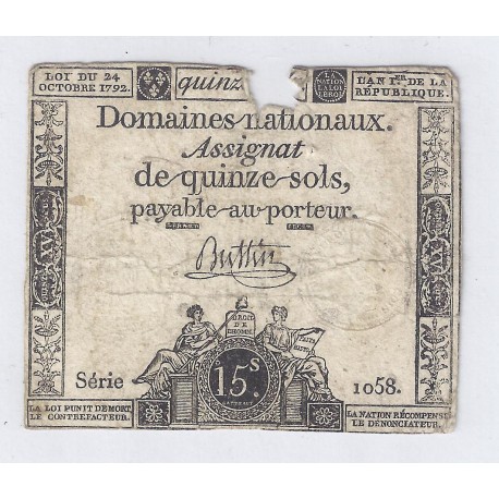 ASSIGNAT DE 15 SOLS - SERIE 1058 - 04/01/1792