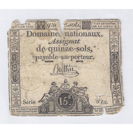 ASSIGNAT OF 15 SOLS - SERIE 562 - 04/01/1792