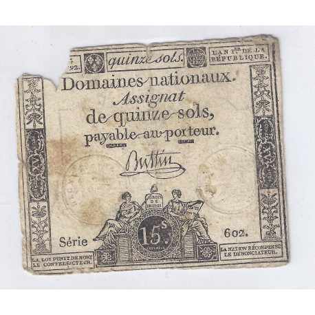 ASSIGNAT DE 15 SOLS - SERIE 602 - 04/01/1792