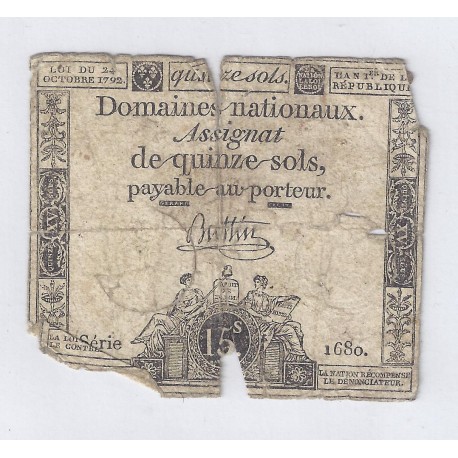 ASSIGNAT OF 15 SOLS - SERIE 1680 - 24/10/1792