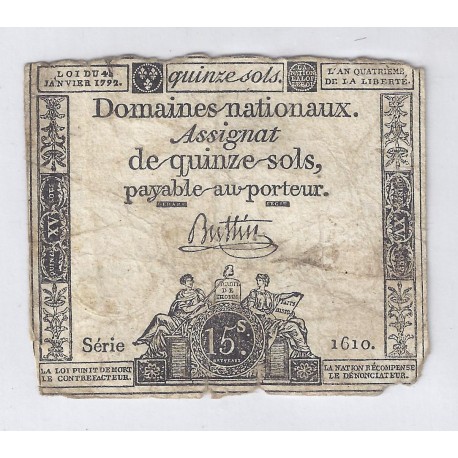 ASSIGNAT OF 15 SOLS - SERIE 1610 - 04/01/1792