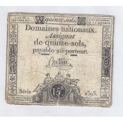 ASSIGNAT OF 15 SOLS - SERIE 1393 - 04/01/1792