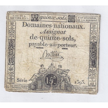 ASSIGNAT OF 15 SOLS - SERIE 1393 - 04/01/1792