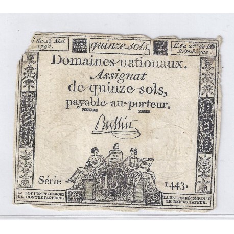 ASSIGNAT OF 15 SOLS - SERIE 1143 - 23/05/1793