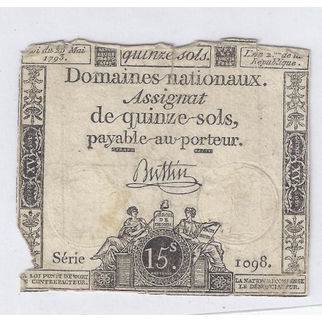 ASSIGNAT DE 15 SOLS - SERIE 1098 - 23/05/1793