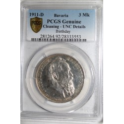 ALLEMAGNE - BAVIÈRE - KM 998 - 3 MARK 1911 D - PCGS - NÉTTOYÉE