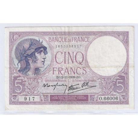 FAY 04/14 - 5 FRANCS VIOLET - 02/11/1939 - TRES TRES BEAU + - PICK 83