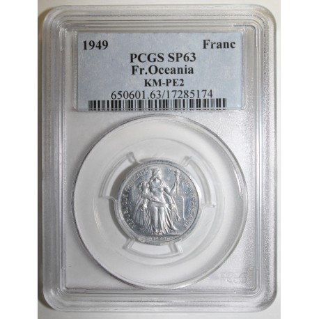 FRENCH ESTABLISHMENTS IN OCEANIA - KM PE2 - 1 FRANC 1949 - TRIAL PIEFORT COIN - 104 ex. - PCGS SP 63