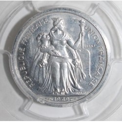 FRANZÖSISCHES ÜBERSEEGEBIET IN POLYNESIEN - KM PE2 - 1 FRANC 1949 - PROBE DICKABSCHLAG MÜNZE - 104 ex. - PCGS SP 63