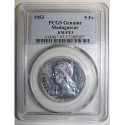 MADAGASCAR - KM PE3 - 5 FRANC 1953 - PIEFORT ESSAI - 104 ex. - PCGS GENUINE