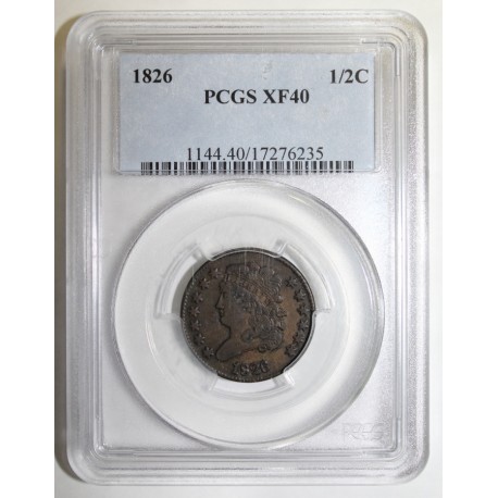 VEREINIGTE STAATEN - KM 41 - 1/2 CENT 1826 - DIE RÜCKSEITE IST UM 5 UHR VERSETZT - PCGS XF 40