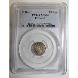 FINLANDE - KM 6 - 25 PENNIA 1916 S - PCGS MS 64