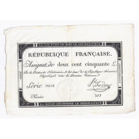 ASSIGNAT 250 LIVRES - 7 VENDEMIAIRE AN 2 - 28/09/1793 - DOMAINES NATIONAUX