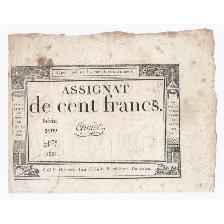 ASSIGNAT DE 100 FRANCS - 18 NIVOSE AN 3 - 07/01/1795 - DOMAINES NATIONAUX