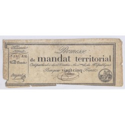 MANDAT TERRITORIAL DE 25 FRANCS - 28 VENTOSE AN 4 - 18/03/1796 - SANS SERIE