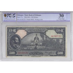 ETHIOPIA - PICK 17 - 500 DOLLARS 1945 - PCGS 30