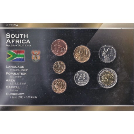 AFRIQUE DU SUD - SERIE DE 5, 10, 20, 50 CENTS ET 1, 2, 5 RAND - PLAQUETTE WORLD MONEY