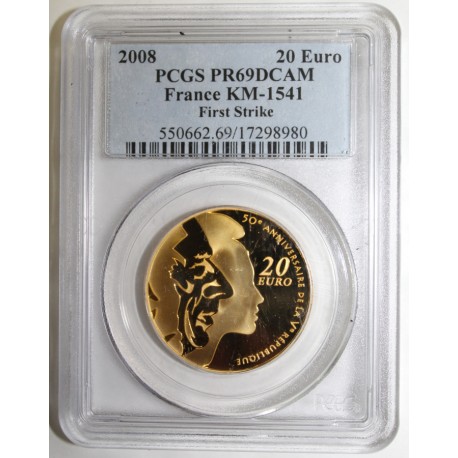 FRANCE - KM 1541 - 20 EURO 2008 - 50 ANS DE LA Ve RÉPUBLIQUE - CERTIFICAT 001 - PCGS PR 69 DCAM