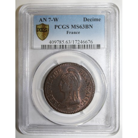 GADOURY 187 - 1 DECIME AN 7 W - 1798 - KM 644 - PCGS MS 63 BN