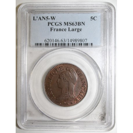 GADOURY 126 - 5 CENTIMES AN 5 W - 1796 - KM 640 - PCGS MS 63 BN