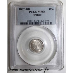 FRANCE - KM 808  -20 CENTIMES 1867 BB - Strasbourg - TYPE NAPOLEON III - PCGS MS 66