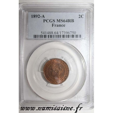 FRANCE - KM 827 - 2 CENTIMES 1892 A - Paris - TYPE CERES - PCGS MS 64 RB