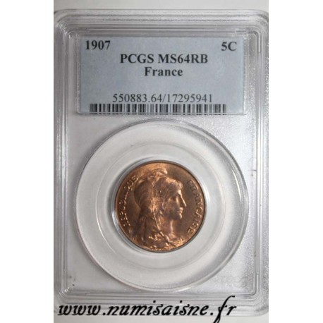 GADOURY 165 - 5 CENTIMES 1907 - TYPE DUPUIS - KM 842 - PCGS MS 64 RB