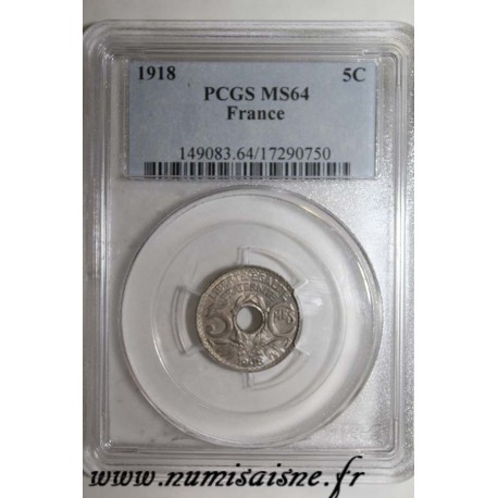 FRANCE - KM 865a - 5 CENTIMES 1918 - TYPE LINDAUER - PCGS MS 64