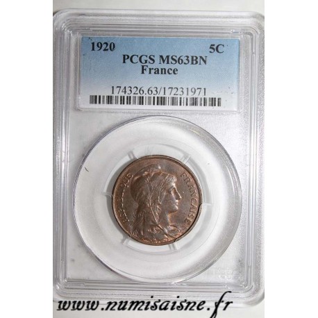 GADOURY 165 - 5 CENTIMES 1920 - TYPE DUPUIS - KM 842 - PCGS MS 63 BN