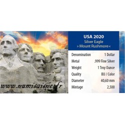 ÉTATS UNIS - 1 DOLLAR 2020 - MONT RUSHMORE - 1 ONCE ARGENT