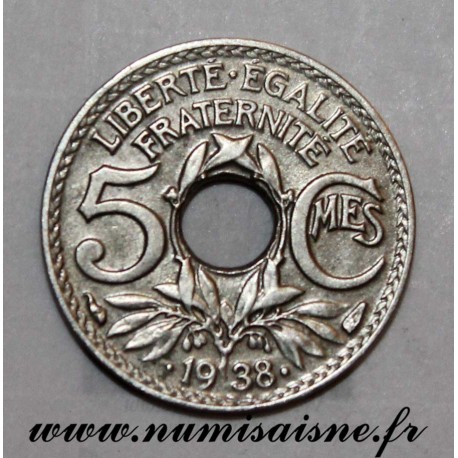 FRANCE - KM 875 - 5 CENTIMES 1938 - TYPE LINDAUER - With dots