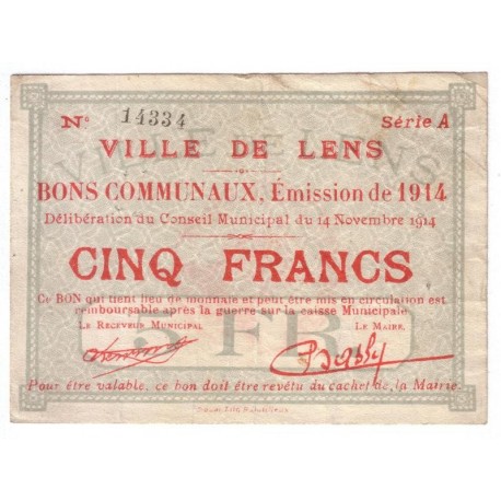 62300 - LENS - 5 FRANCS 14.11.1914 - TTB