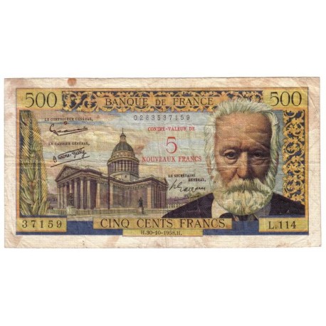 FAY 52/1 - 5 NF SUR 500 FRANCS VICTOR HUGO SURCHARGÉ - 30/10/1958 - TRES BEAU + - PICK 137