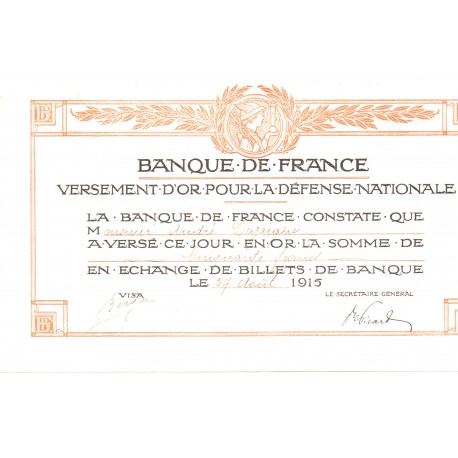 BANQUE DE FRANCE - GOLD PAYOUT FOR NATIONAL DEFENSE - AUGUST 27, 1915