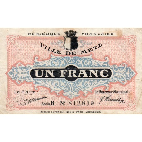 COUNTY 57 - METZ - CHAMBER OF COMMERCE - 1 FRANC - 27/12/1918