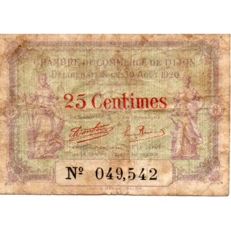 COUNTY 21 - DIJON - CHAMBER OF COMMERCE - 25 CENTIMES - 30/08/1920