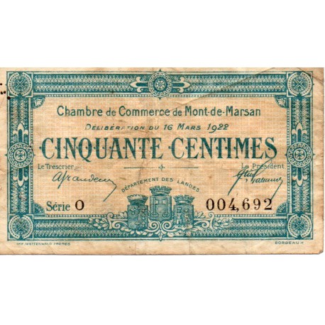 40 - MONT DE MARSAN - CHAMBER OF COMMERCE - 50 CENTIMES - 16/03/1922