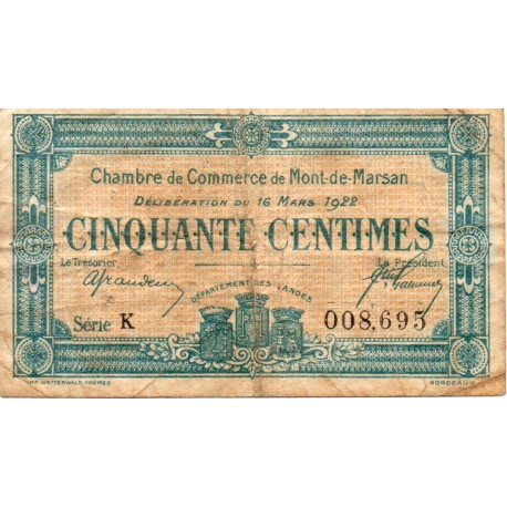 40 - MONT DE MARSAN - CHAMBER OF COMMERCE - 50 CENTIMES - 16/03/1922