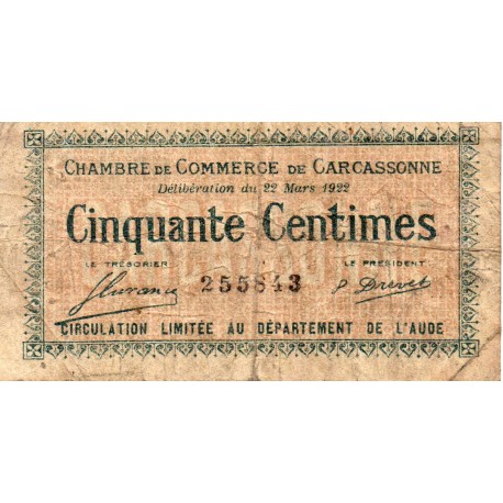 11 - CARCASSONNE - CHAMBRE DE COMMERCE - 50 CENTIMES - 22/03/1922